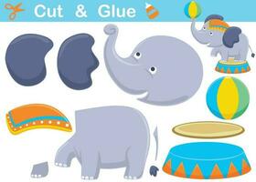 Funny elephant playing ball in circus show. Cutout and gluing. Vector cartoon illustration