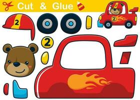 Cute bear on racing car. Cutout and gluing. Vector cartoon illustration