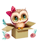 Cute Owl girl in gift box Watercolor Sublimation png