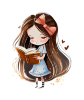 cute long haired girl and books watercolor sublimation ai generative png