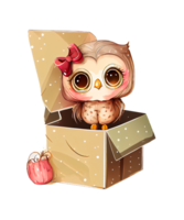 Cute Owl girl in gift box Watercolor Sublimation png