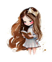 cute long haired girl and books watercolor sublimation ai generative png