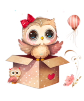 Cute Owl girl in gift box Watercolor Sublimation png