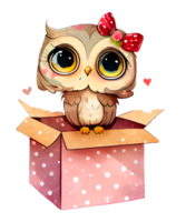 Cute Owl girl in gift box Watercolor Sublimation png