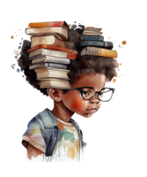 Garoto Preto e livros aguarela ai generativo png