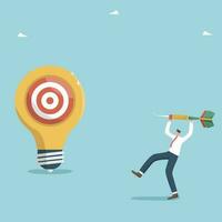 A successful idea and achieving high results in business or career, accuracy in setting goals, searching for opportunities, innovation on the way to success, man throws a dart at target on light bulb. vector
