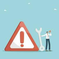 Methods and possibilities for solving a difficult situation or problem, technical support, readiness for any unforeseen circumstances, man with loudspeaker and wrench stands near a danger road sign. vector