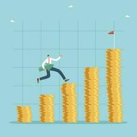Financial and economic growth, increase in income and increase in the level of wages, profit from investments and bank deposits, success in managing own capital, a man runs on growing piles of coins. vector