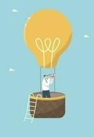 Finding a right direction to move, big idea to solve business problems, new opportunities, brainstorming to achieve success in the set goals, man looks through binoculars on a light bulb air balloon. vector