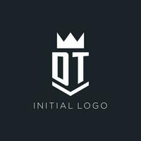 DT logo with shield and crown, initial monogram logo design vector