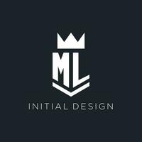 ml logo con proteger y corona, inicial monograma logo diseño vector