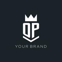OP logo with shield and crown, initial monogram logo design vector