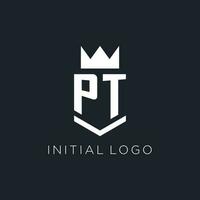 PT logo with shield and crown, initial monogram logo design vector