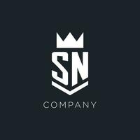 SN logo with shield and crown, initial monogram logo design vector