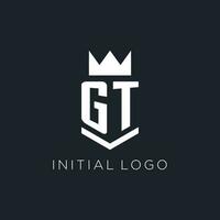 GT logo with shield and crown, initial monogram logo design vector