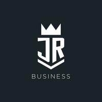 JR logo with shield and crown, initial monogram logo design vector