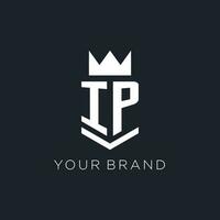 IP logo with shield and crown, initial monogram logo design vector