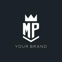 MP logo with shield and crown, initial monogram logo design vector