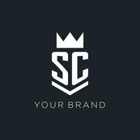 SC logo with shield and crown, initial monogram logo design vector