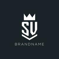 SV logo with shield and crown, initial monogram logo design vector