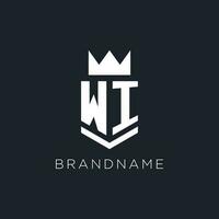 WI logo with shield and crown, initial monogram logo design vector