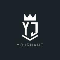 YJ logo with shield and crown, initial monogram logo design vector