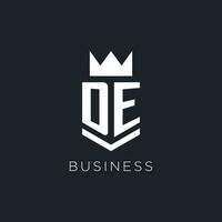 DE logo with shield and crown, initial monogram logo design vector