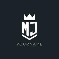 MJ logo with shield and crown, initial monogram logo design vector
