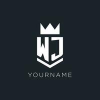 WJ logo with shield and crown, initial monogram logo design vector