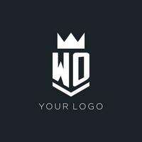 WO logo with shield and crown, initial monogram logo design vector