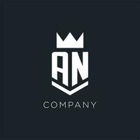 AN logo with shield and crown, initial monogram logo design vector