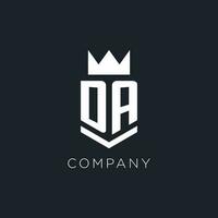 DA logo with shield and crown, initial monogram logo design vector