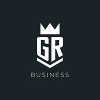 GR logo with shield and crown, initial monogram logo design vector