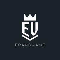 EV logo with shield and crown, initial monogram logo design vector