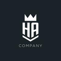 HA logo with shield and crown, initial monogram logo design vector