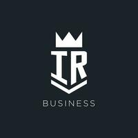 IR logo with shield and crown, initial monogram logo design vector