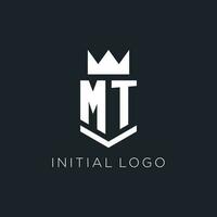 MT logo with shield and crown, initial monogram logo design vector