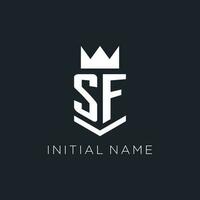 SF logo with shield and crown, initial monogram logo design vector