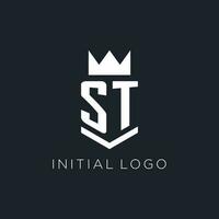 ST logo with shield and crown, initial monogram logo design vector
