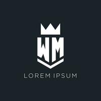 WM logo with shield and crown, initial monogram logo design vector