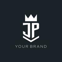 JP logo with shield and crown, initial monogram logo design vector