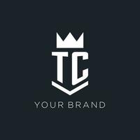 TC logo with shield and crown, initial monogram logo design vector