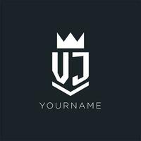 VJ logo with shield and crown, initial monogram logo design vector