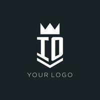 IO logo with shield and crown, initial monogram logo design vector