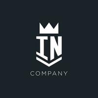 IN logo with shield and crown, initial monogram logo design vector