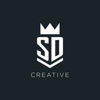 SD logo with shield and crown, initial monogram logo design vector