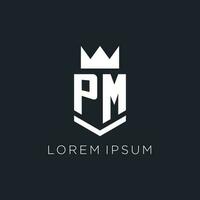 PM logo with shield and crown, initial monogram logo design vector