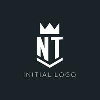 NT logo with shield and crown, initial monogram logo design vector