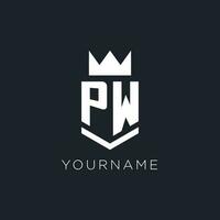 PW logo with shield and crown, initial monogram logo design vector