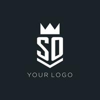 SO logo with shield and crown, initial monogram logo design vector